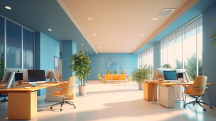 Fototapeta premium Blurred office workspace in the evening , interior workplace with cityscape for business presentation background Modern Office Space with Glass Walls and Blurred Background 