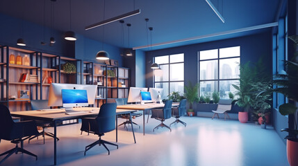 Blurred office workspace in the evening , interior workplace with cityscape for business presentation background  Modern Office Space with Glass Walls and Blurred Background  
