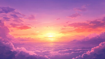 Fototapeta premium 2408 40.A breathtaking anime-inspired landscape featuring a sunset sky with light purple clouds, painted in an oil style. The colors are vibrant yet soft, with pink and orange tones blending into the