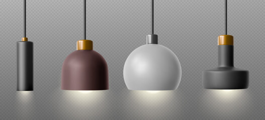 Modern ceiling lamps set isolated on transparent background. Vector realistic illustration of home, restaurant, office light equipment, round pendants on long wire, stylish interior design element © klyaksun