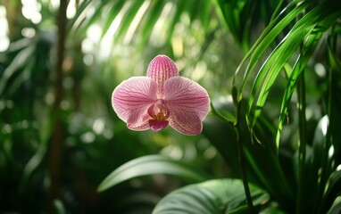 An orchid blooming in a tropical garden, surrounded by lush green leaves