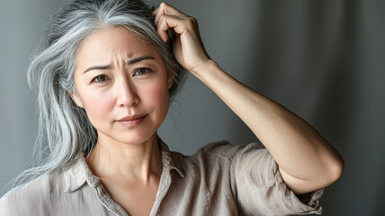 Fototapeta premium Chinese Woman with Grey Roots, Inspecting Her Hair with a Slight Frown.