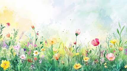 Fototapeta premium Vibrant Floral Field with Soft Watercolor Background