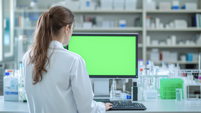 Clinical Research Facility, Female Technician in Lab Coat Using Green Screen Technology.
