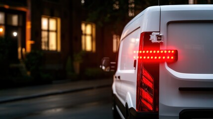A close-up view of a white van with illuminated tail lights parked under city lights, showcasing urban nighttime ambiance.