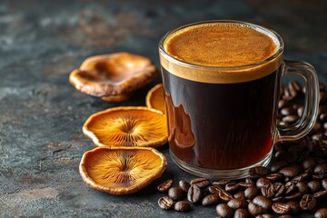 Glass mug with coffee, reishi mushrooms and coffee beans lying nearby on dark textured background, copy space. Concept: self-care, health, alternative medicine, superfood