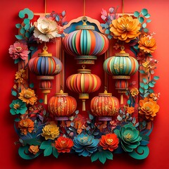 Fototapeta premium Vibrant paper cut design featuring multiple colorful lanterns hanging at different heights surrounded by intricate floral designs on a rich red background with space for text in the center
