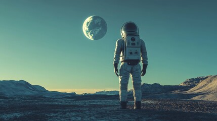 Obraz premium AI-created portrait of a futuristic astronaut, standing on an alien surface with the Earth visible in the distant sky.