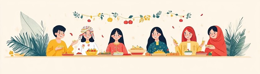 A group of friends celebrating Eid, with traditional clothing and food, sharing their cultural practices