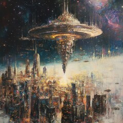 Cosmic Station Hovering Above Earth in Space