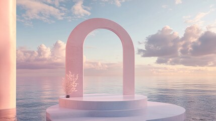 2408 69.A serene 3D scene with a natural beauty podium placed against a dreamy seascape. The podium is framed by an elegant arch, with soft clouds drifting in the sky, creating a romantic and