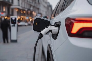 Naklejka premium Modern electric car charging from public station in city