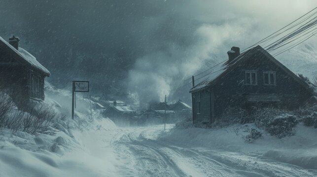 Harsh winter weather gripping a mountain town, with strong winds, snowdrifts, and sub-zero temperatures making life difficult