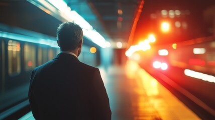 Young businessman man at subway station with blurry moving train in background,work success,high speed train,Modern and fast travel concept,standing on metro platform,Urban life concept.