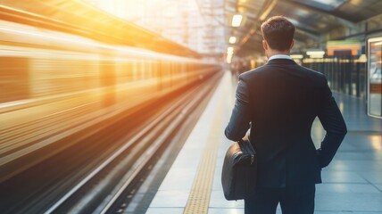 Young businessman man at subway station with blurry moving train in background,work success,high speed train,Modern and fast travel concept,standing on metro platform,Urban life concept.
