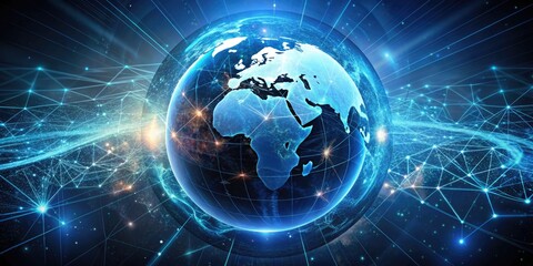 Obraz premium Abstract Futuristic Map of the World - Digital Globe in Blue Glowing Technology with Sci-Fi HUD UI Infographic Template for Virtual Planet Earth Visualization