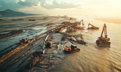 Construction equipment digging on a beach.