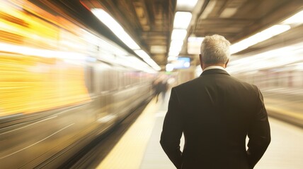 Young businessman man at subway station with blurry moving train in background,work success,high speed train,Modern and fast travel concept,standing on metro platform,Urban life concept.