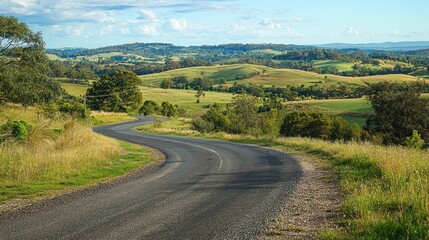 A winding asphalt road through rolling green hills with scattered trees under a blue sky with white clouds.