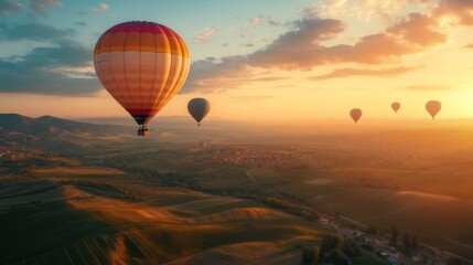 Obraz premium Hot air ballooners drifting high above scenic landscapes, enjoying panoramic views during a peaceful yet exhilarating ballooning adventure