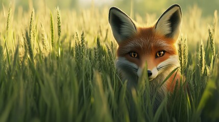 Obraz premium Curious Fox Staring from Tall Grass at Dusk