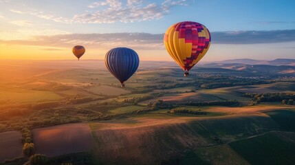 Naklejka premium Hot air ballooners drifting high above scenic landscapes, enjoying panoramic views during a peaceful yet exhilarating ballooning adventure