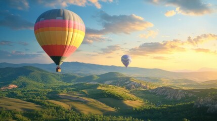 Fototapeta premium Hot air ballooners drifting high above scenic landscapes, enjoying panoramic views during a peaceful yet exhilarating ballooning adventure