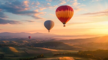 Fototapeta premium Hot air ballooners drifting high above scenic landscapes, enjoying panoramic views during a peaceful yet exhilarating ballooning adventure
