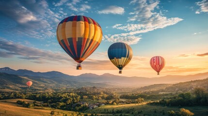 Naklejka premium Hot air ballooners drifting high above scenic landscapes, enjoying panoramic views during a peaceful yet exhilarating ballooning adventure