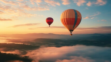 Obraz premium Hot air balloonists floating peacefully over stunning landscapes at sunrise, enjoying panoramic views and the thrill of silent flight