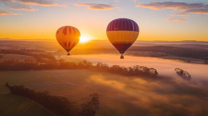 Fototapeta premium Hot air balloonists floating peacefully over stunning landscapes at sunrise, enjoying panoramic views and the thrill of silent flight