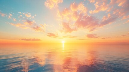 Fototapeta premium 2408 91.A stunning sunset sky with a glowing gradient of orange, yellow, and pink hues, reflecting on the calm surface of the sea. The golden hour illuminates the clouds with warm, radiant light as