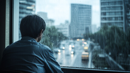 Contemplative Japanese Man Observing Rain on Bustling Roadside.