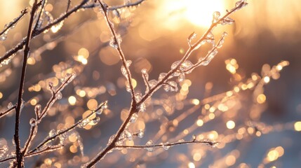 Ice-coated branches glistening in the early morning sun, showcasing the beauty and danger of a recent ice storm