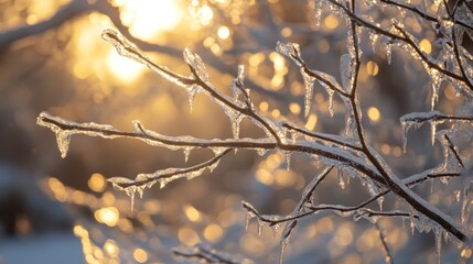 Ice-coated branches glistening in the early morning sun, showcasing the beauty and danger of a recent ice storm