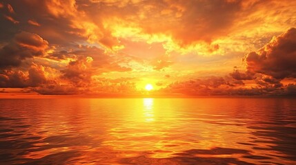 2408 94.A peaceful summer evening sky with rich shades of orange and yellow as the sun sets over the horizon. The warm golden hour light illuminates the clouds, casting soft reflections on the calm