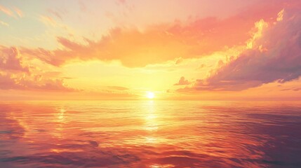 2408 95.A tranquil sunset scene over the ocean, with the golden hour painting the sky in vibrant hues of orange, yellow, and pink. Soft clouds float above the horizon, bathed in the warm light of the