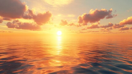 Obraz premium 2408 94.A peaceful summer evening sky with rich shades of orange and yellow as the sun sets over the horizon. The warm golden hour light illuminates the clouds, casting soft reflections on the calm