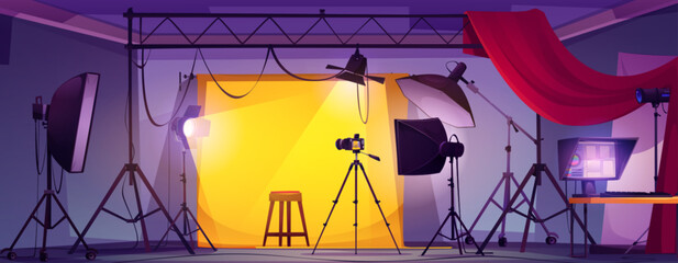 Photoshoot studio with camera equipment vector illustration. Photography backstage, softbox and professional light reflector for portrait. Business interior environment with tripod and stool for game
