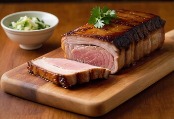 Delicious baked pork belly served with sauce and parsley