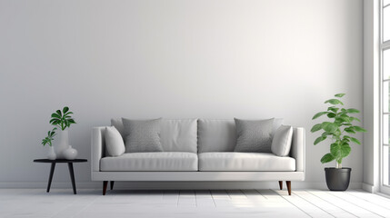 A modern, minimalist living room with a large white sofa, wooden floor, and a window with natural light streaming  poster frames on the wall of the room. Modern Interior mockup. Apartment back