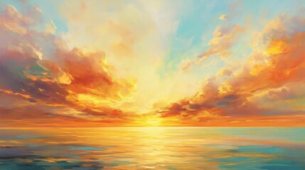 2408 95.A tranquil sunset scene over the ocean, with the golden hour painting the sky in vibrant hues of orange, yellow, and pink. Soft clouds float above the horizon, bathed in the warm light of the