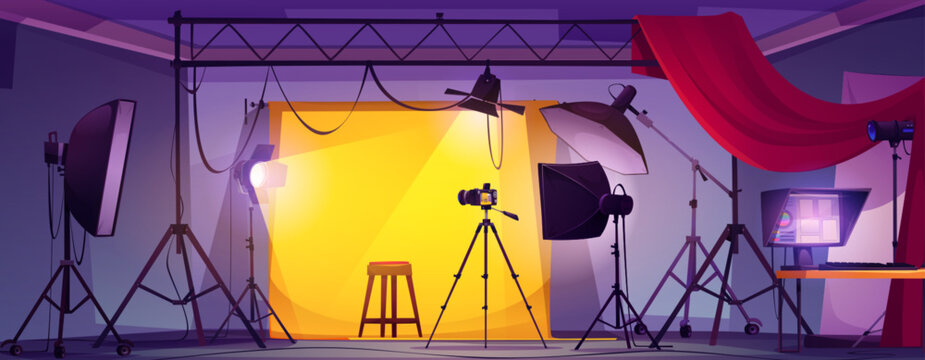 Photoshoot studio with camera equipment vector illustration. Photography backstage, softbox and professional light reflector for portrait. Business interior environment with tripod and stool for game