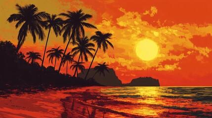 Obraz premium 2408 99.A peaceful beach at sunset, with palm trees lining the horizon under a vibrant orange sky. The warm glow of the setting sun reflects on the calm ocean, creating a relaxing, tropical