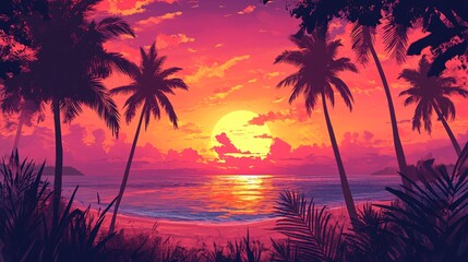 Obraz premium 2408 100.A tropical paradise at sunset, with tall palm trees silhouetted against a glowing orange and pink sky. The beach is bathed in the warm light of the setting sun, and the calm sea reflects the