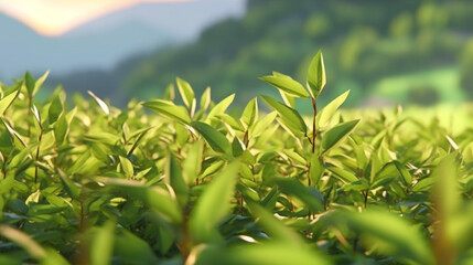 Obraz premium Green tea leaves. Young leaves on tea bush at plantation Close-up Macro Photography of Vibrant Green Tea Leaves, Capturing the Intricate Details and Freshness of Nature