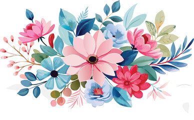 Watercolor Floral Bouquet with Pink, Blue, and Red Flowers