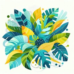 Fototapeta premium Create a vibrant design featuring colorful tropical leaves and organic shapes. Incorporate shades of blue, green, and yellow with playful, layered textures. The background should be light and airy, al