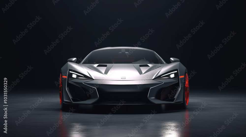 Wall mural automotive photography, sleek light gray hypercar with aerodynamic design on a dark background compu