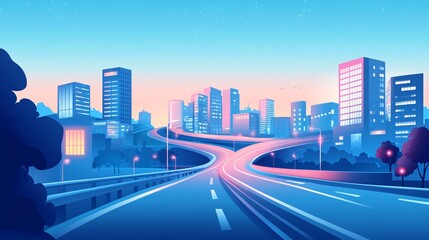 Fototapeta premium 2408 101.A minimalist vector illustration of an evening highway winding through a modern cityscape, with geometric buildings and glowing windows under a soft twilight sky. The clean lines and